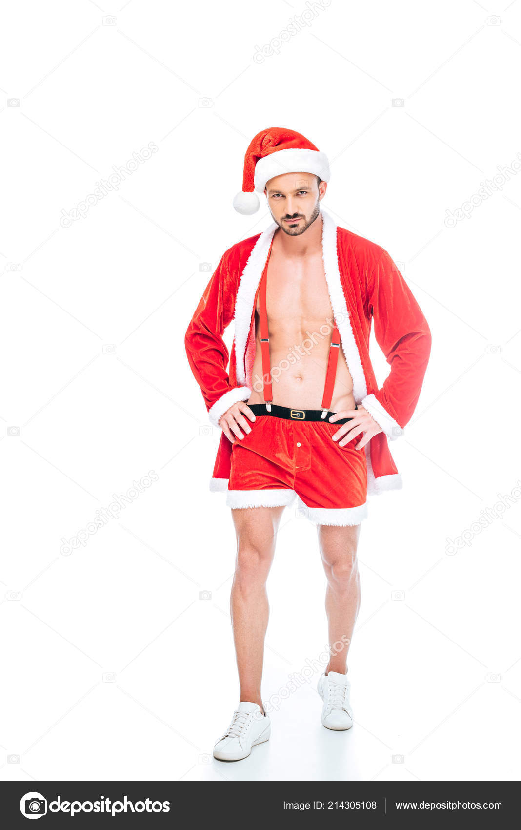 Young Muscular Man Santa Claus Costume Shorts Showing Torso Isolated ...