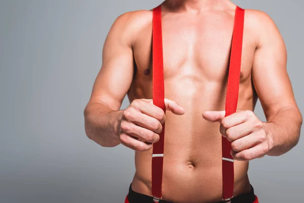 Cropped Image Shirtless Muscular Man Christmas Hat Holding Suspenders Isolated — Stock Photo, Image