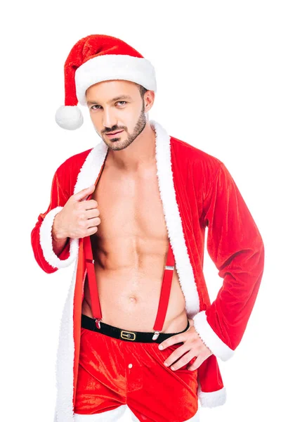 Stilig Muskulös Man Santa Claus Kostym Visar Torso Isolerad Vit — Stockfoto