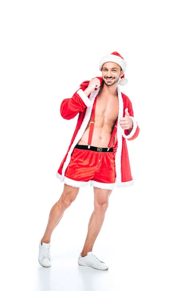 Uomo Muscoloso Costume Babbo Natale Con Sacco Natale Facendo Pollice — Foto Stock