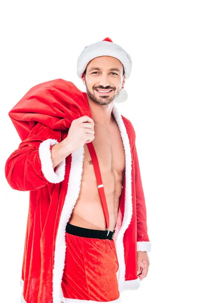 Muscular Smiling Man Santa Claus Costume Christmas Sack Isolated White — Free Stock Photo