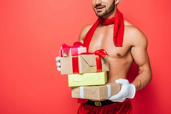 Partial View Muscular Shirtless Sexy Man Red Scarf Holding Pile — Stock Photo, Image