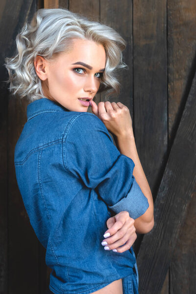 attractive young woman in denim shirt standing in front of rustic wooden door and looking at camera