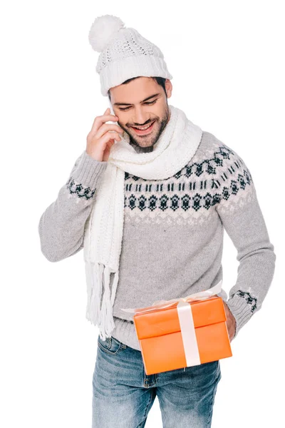 Handsome Smiling Man Sweater Scarf Hat Holding Gift Box Talking — Stock Photo, Image