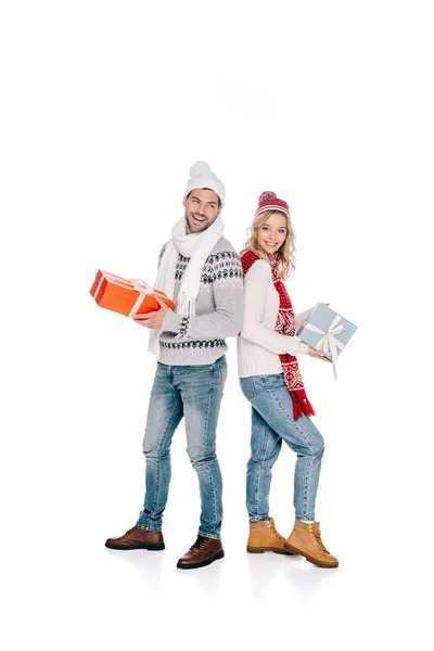 Beautiful Happy Young Couple Holding Presents Smiling Camera Isolated White — Stock Photo, Image