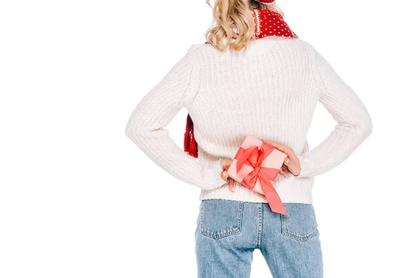 Rückseite Der Jungen Frau Mit Geschenkbox Isoliert Auf Weiß — kostenloses Stockfoto