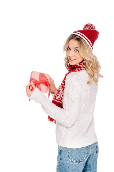 Attractive Blonde Girl Scarf Hat Holding Gift Box Smiling Camera — Free Stock Photo