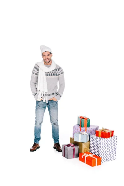 Handsome Man Scarf Hat Standing Hands Pockets Gift Boxes Smiling — Stock Photo, Image