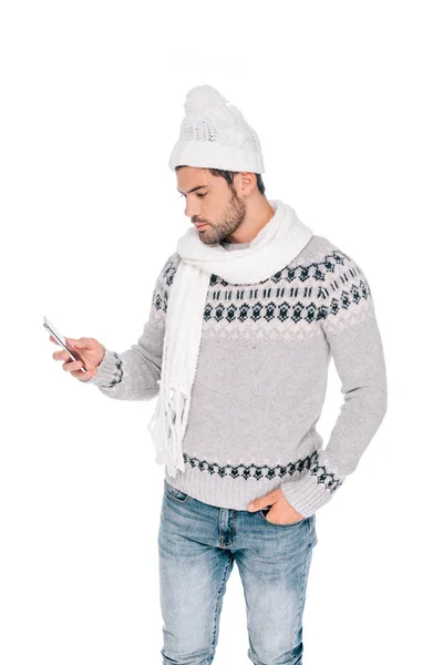 Young Man Sweater Scarf Hat Standing Hand Pocket Using Smartphone — Stock Photo, Image