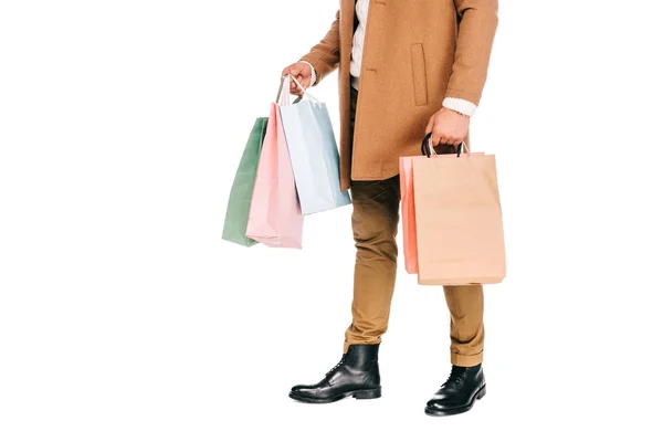 Low Section Man Holding Shopping Bags Isolated White — Free Stock Photo