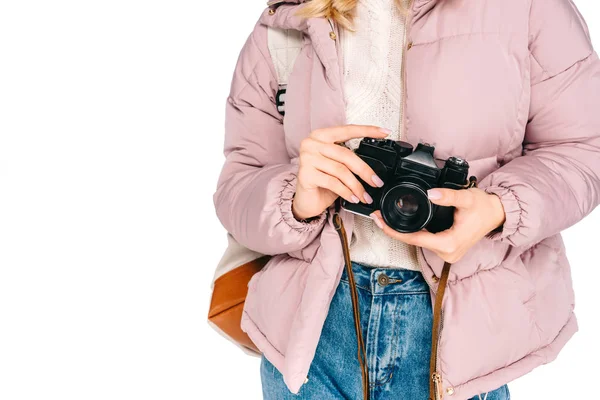 Cropped Shot Young Woman Backpack Holding Camera Isolated White — Free Stock Photo