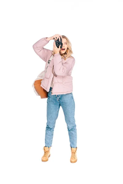 Full Length View Young Woman Backpack Photographing Camera Isolated White — Stock Photo, Image