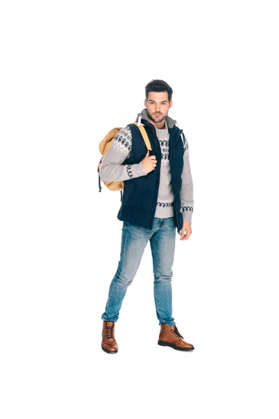 Full Length View Handsome Young Man Backpack Looking Camera Isolated — Stock Photo, Image