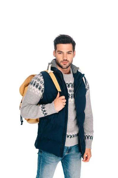 Handsome Young Traveler Backpack Looking Camera Isolated White — Stock Photo, Image