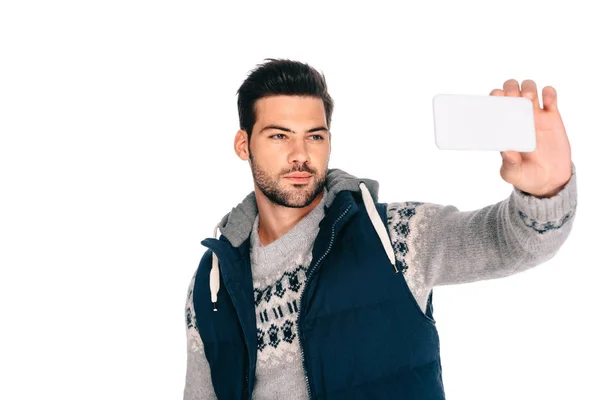 Knappe Jongeman Selfie Met Smartphone Geïsoleerd Wit — Stockfoto