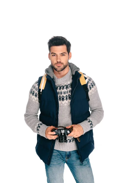 Handsome Young Man Backpack Holding Camera Isolated White — Stock Photo, Image