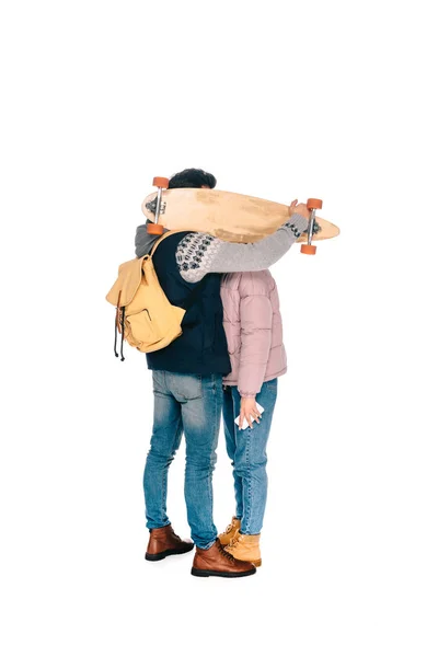 Full Length View Young Couple Hiding Faces Longboard Isolated White — Stock Photo, Image