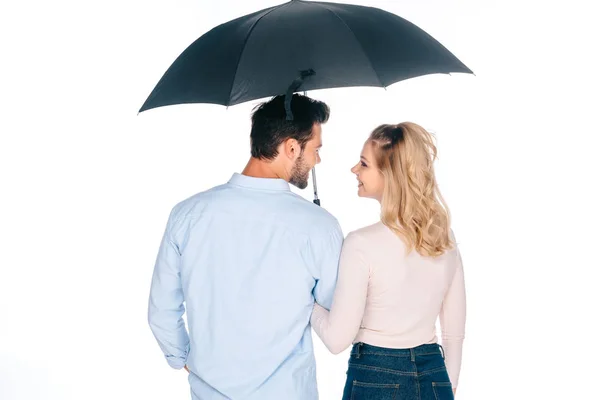 Back View Happy Young Couple Holding Umbrella Smiling Each Other — Stock Photo, Image