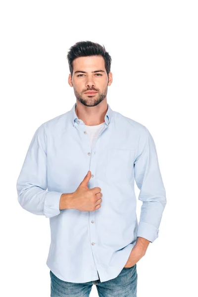 Handsome Young Man Showing Thumb Looking Camera Isolated White — Stock Photo, Image