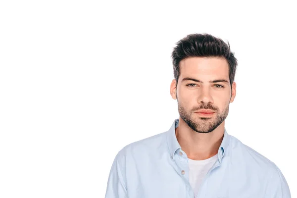 Portrait Handsome Young Man Looking Camera Isolated White — Stock Photo, Image