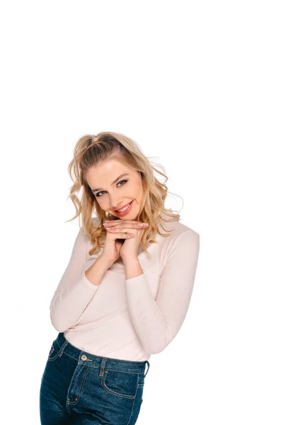 Retrato Bela Jovem Loira Sorrindo Para Câmera Isolada Branco — Fotografia de Stock Grátis