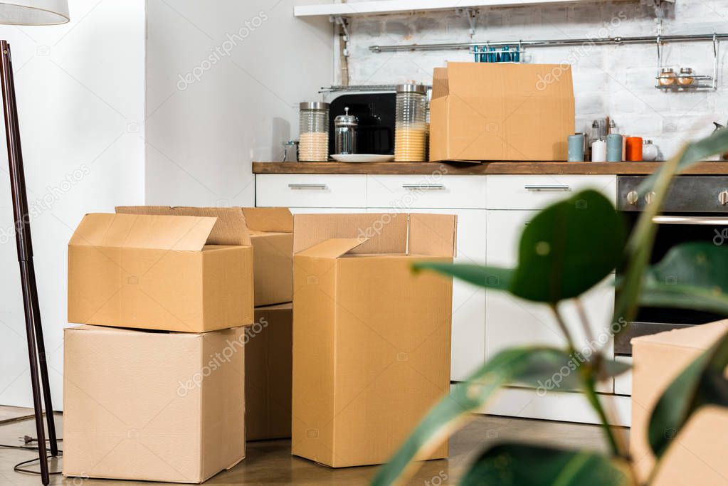 interior of modern kitchen with cardboard boxes during relocation at new home