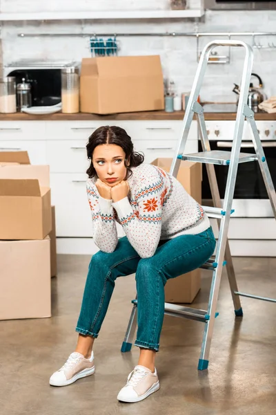 Upset Young Woman Sitting Ladder Kitchen Cardboard Boxes Relocation New — Stock Photo, Image