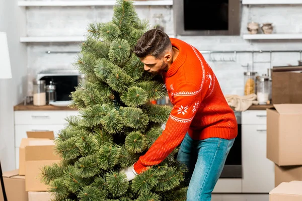 Giovane Che Mette Albero Natale Cucina Con Scatole Cartone Nella — Foto stock gratuita