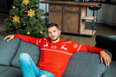Noel ağacı evde yakınındaki kanepede oturan genç yakışıklı adam