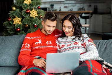 dizüstü bilgisayar kullanarak ve Noel ağacı evde yakınındaki kanepede oturan mutlu çift 