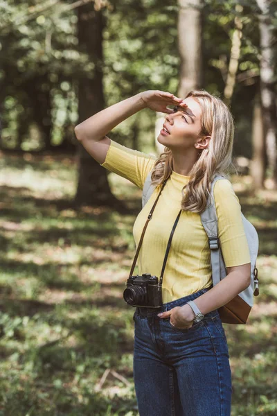 Jovem Turista Com Câmera Fotográfica Mochila Olhando Para Cima Parque — Fotografia de Stock