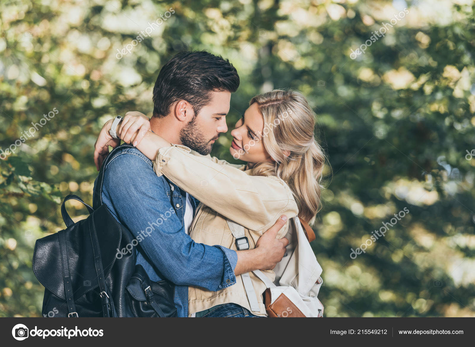 Side View Young Romantic Couple Hugging Autumn Park Stock Photo by ...