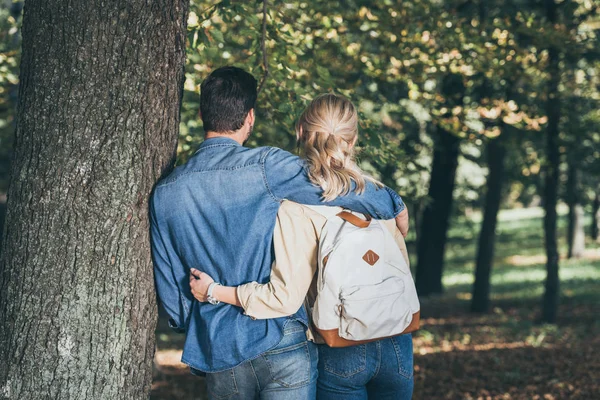 公園内の木の近くを抱いてスタイリッシュなカップルの背面図 — ストック写真