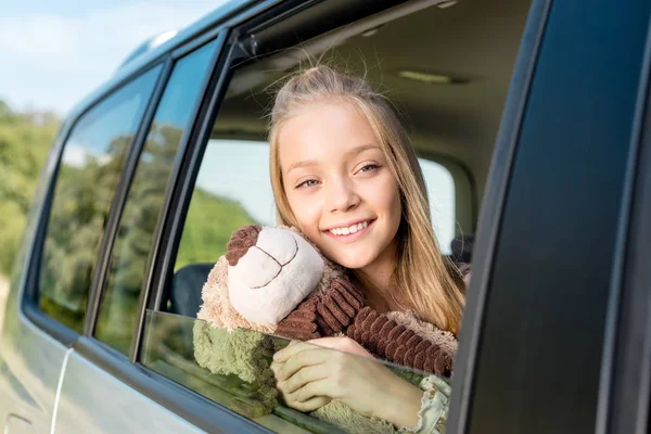 Close Portrait Smiling Little Child Riding Car Nature Teddy Bear — Stock Photo, Image
