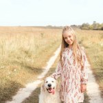Beautiful little child with adorable golden retriever dog looking at camera in field