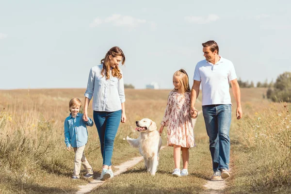 Happy Young Family Retriever Dog Spending Time Together Field — Stock Photo, Image