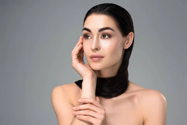 Sensual Naked Brunette Girl Looking Away Isolated Grey — Stock Photo, Image