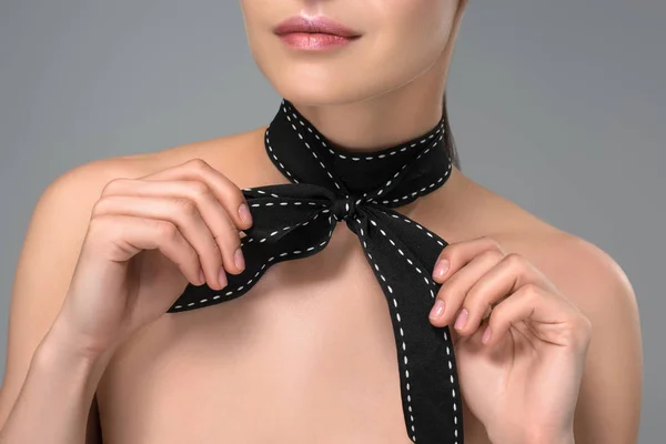 Cropped Shot Sensual Naked Girl Black Bow Neck Isolated Grey — Free Stock Photo