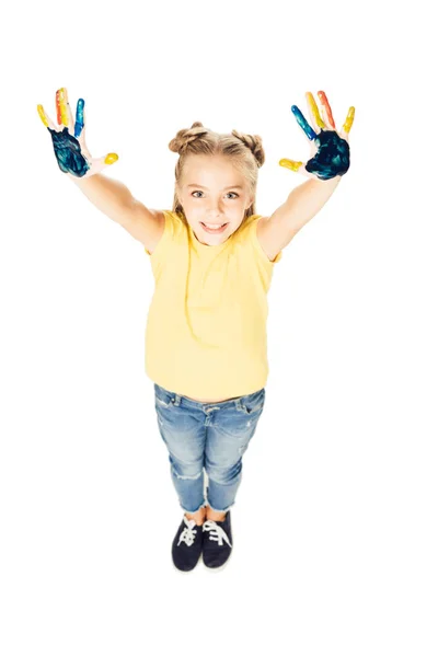 Wysoki Kąt Widzenia Cute Szczęśliwym Dzieckiem Wyświetlono Kolorowy Malowane Ręce — Zdjęcie stockowe