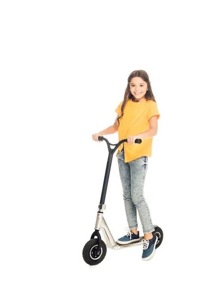 Schattig Gelukkig Kind Scooter Rijden Lachend Camera Geïsoleerd Wit — Stockfoto