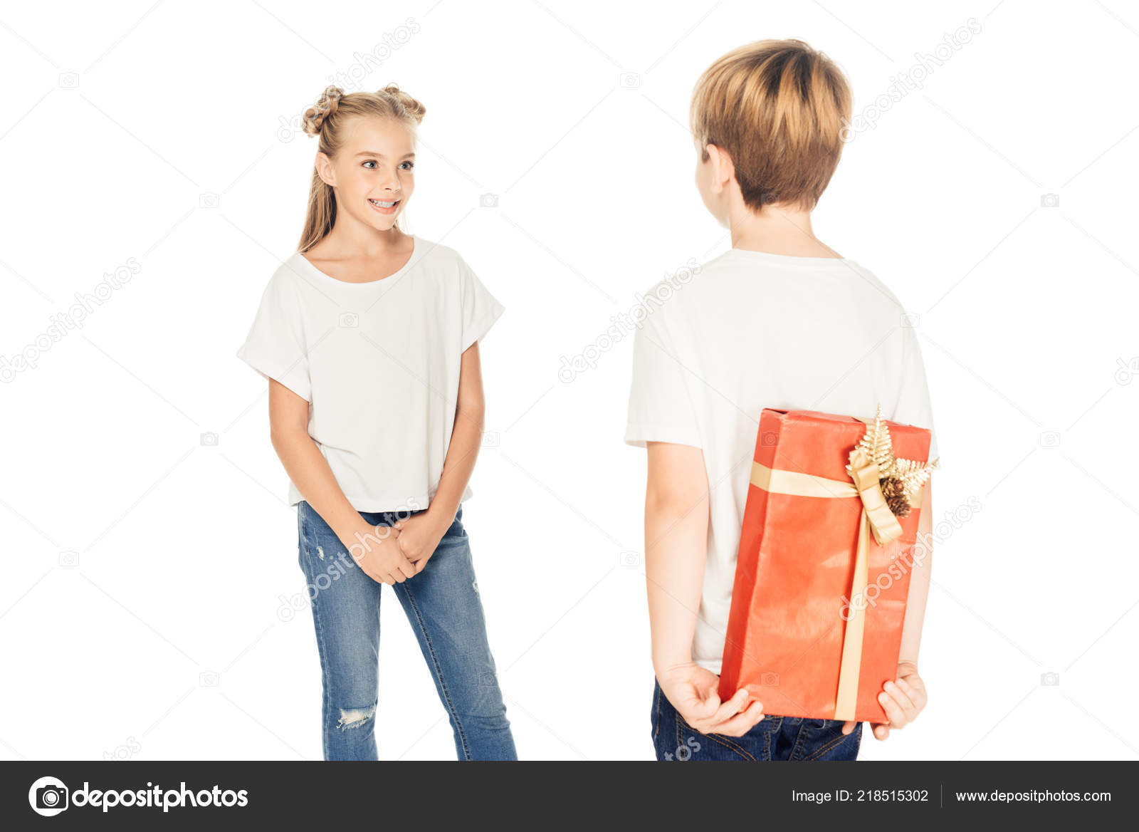 Girl Behind Boy Pretending Push Him Stock Photo 99733553