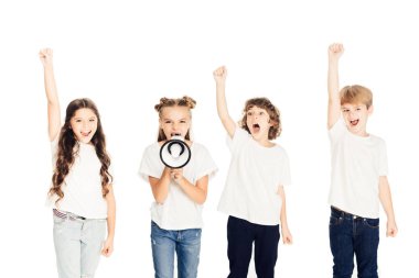 excited children screaming with raised hands and megaphone on protest isolated on white clipart