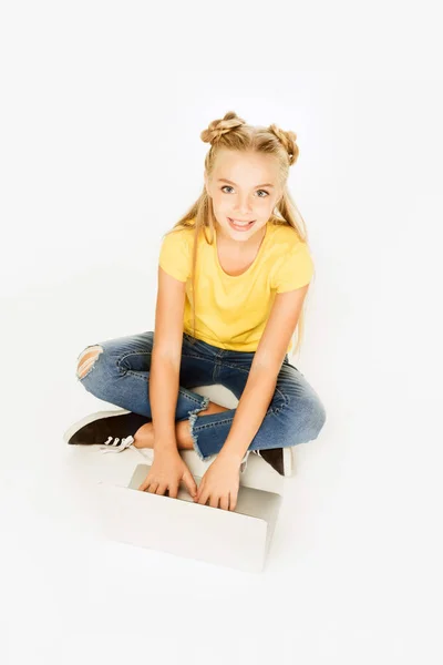 High Angle View Beautiful Happy Kid Using Laptop Smiling Camera — Stock Photo, Image