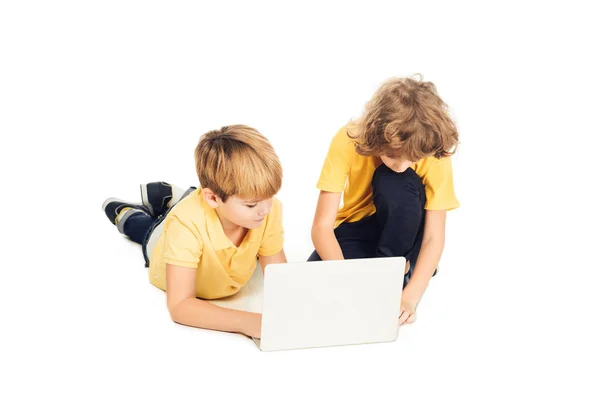 Милые Мальчики Используют Ноутбук Вместе Изолированы Белом — Бесплатное стоковое фото
