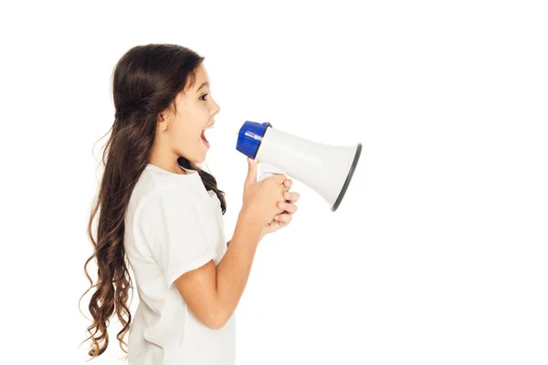 Zijaanzicht Van Gelukkig Kind Houden Megafoon Zoek Weg Geïsoleerd Wit — Stockfoto