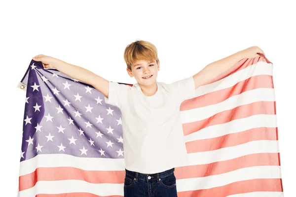 Leende Kaukasiska Bedårande Pojke Hålla Amerikanska Flaggan Och Tittar Kameran — Gratis stockfoto