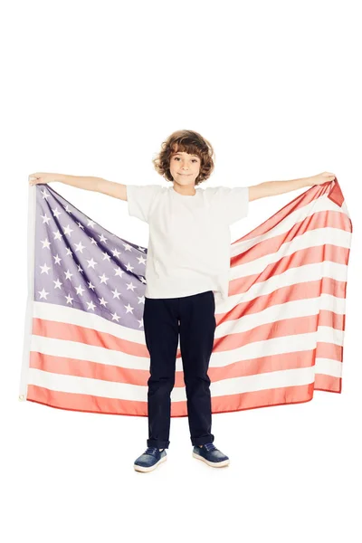 Schattig Preteen Jongen Houdt Van Amerikaanse Vlag Kijken Camera Geïsoleerd — Gratis stockfoto