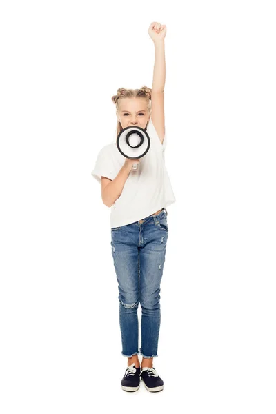 Adorable Niño Gritando Megáfono Levantando Mano Aislado Blanco — Foto de Stock