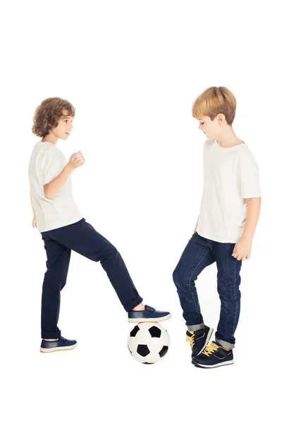 Adorables Chicos Jugando Con Pelota Fútbol Aislado Blanco — Foto de Stock