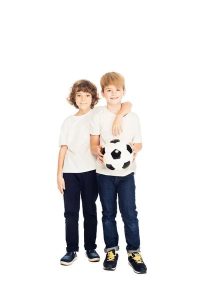 Adorable Boys Hugging Holding Football Ball Isolated White — Free Stock Photo